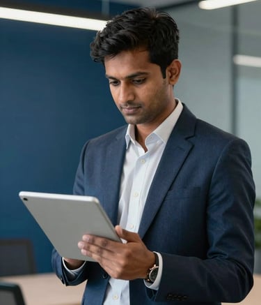 A professional in a modern South Asian / Indian office, dressed in a sharp business suit, looking at a digital tablet with confidence. The background features midnight blue and muted slate blue accents with professional, clean lighting.