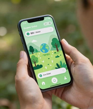 Close-up photography of a person's hands holding a sleek smartphone in a sun-drenched outdoor garden. The screen shows a vibrant, creative mobile game with medium green and light green UI elements, International / Global, professional and approachable style.