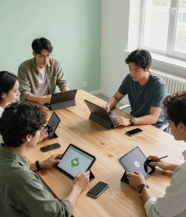 A high-angle photography shot of a modern design studio with light green and off white accents. Developers are working together at a large wooden table with Android tablets and smartphones, International / Global setting, bright natural lighting, fresh and collaborative atmosphere.