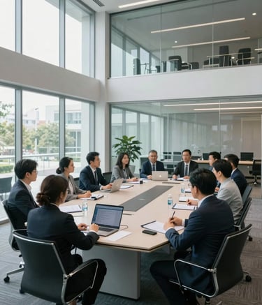 A wide shot of a sleek corporate meeting room in North American / International, featuring glass walls and modern architecture, with a professional group engaged in a technical workshop, lighting is bright and airy.