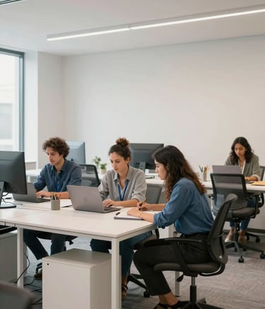 A bright and modern office workspace in North American / International style, where diverse professionals are collaborating over a laptop, light-filled tech-forward setting with minimalist furniture in off-white and mid blue tones.