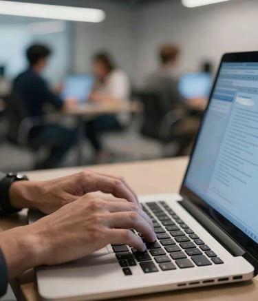 A close-up of professional hands typing on a high-end laptop, soft light blue glow from the screen, blurred background of a modern collaborative innovation hub in North American / International, professional studio lighting.