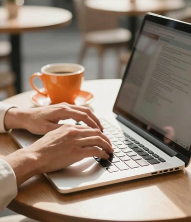 A close-up of a person's hands typing on a laptop in a bright, modern Australian cafe. On the table sits an orange coffee cup. The scene is lit with warm, natural sunlight, reflecting a professional yet welcoming atmosphere using cream and sand tones.