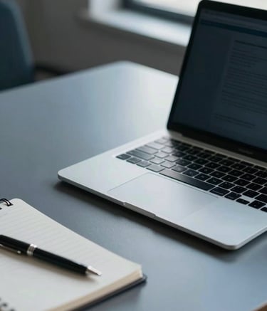 A close-up photograph of a clean, modern desk in a professional North American office setting. A high-end laptop is open on the desk alongside a notepad and a pen. The lighting is soft and natural, emphasizing a workspace of efficiency and organization. The color palette features slate blue and steel gray tones.