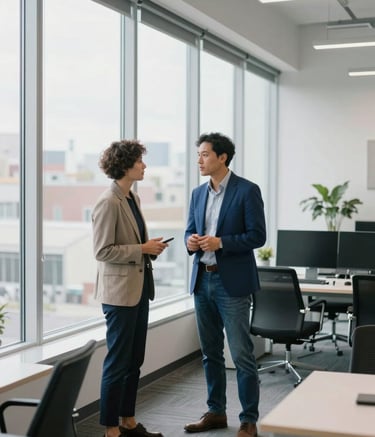 A wide-angle professional photograph of a bright, modern North American collaborative office space. Two professionals in business-casual attire are standing near a window, engaged in a focused discussion. The scene reflects a mood of innovation and reliable productivity, with frost white and navy blue accents.