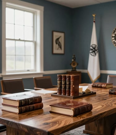 A professional interior photograph of a tribal council chamber in North America. The scene shows a heavy wood table, leather-bound legal volumes, and a window with soft natural light illuminating the space. The mood is authoritative and respectful, featuring dark blue-grey and off-white accents.