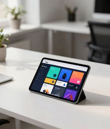 A clean, minimalist workspace in a modern Eastern European tech hub with a sleek tablet on a white desk showing a vibrant app interface. Soft, natural morning light creates a professional and approachable atmosphere.