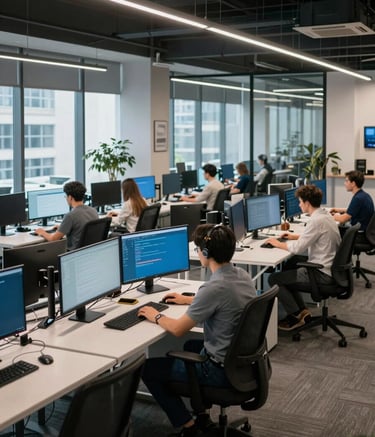 Wide shot of a contemporary software studio in an Eastern European city, featuring glass walls and ergonomic furniture. Professionals work on high-end monitors with sky blue and dark navy accents throughout the interior design.