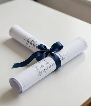 A minimalist, wide-angle shot of a rolled-up set of architectural blueprints tied with a deep navy blue ribbon, sitting on a soft off-white desk in a bright North American / US design studio. The style is clean and uncluttered.