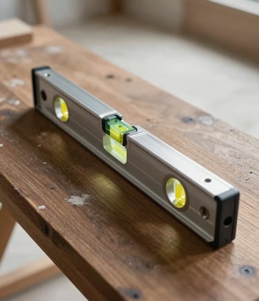A close-up, high-angle shot of a silver level tool resting on a clean, dark wood surface in a modern North American / US construction site. The lighting is soft and natural, emphasizing precision and the soft off-white dust of a clean workspace.