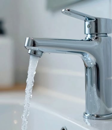 Close-up of a modern, sleek chrome bathroom faucet with crystal clear water flowing, reflecting a bright and clean Western European bathroom interior, high-end photography with soft blue tones.