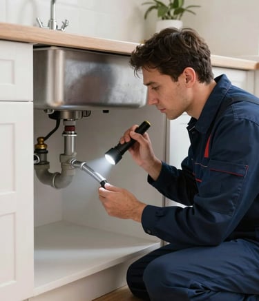 A professional plumber in a navy blue uniform inspecting pipes under a kitchen sink with a flashlight, focused expression, clean and modern Western European kitchen, professional photography.