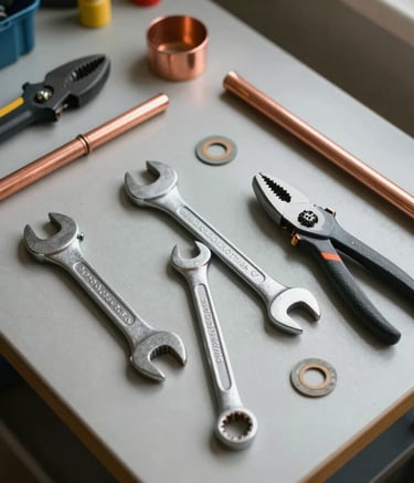 A top-down professional shot of an organized plumbing toolkit containing wrenches, copper pipe cutters, and gaskets on a clean workbench, soft daylight, professional and efficient atmosphere, Western European style.