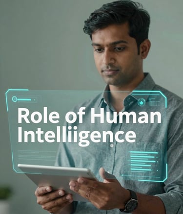 A professional and empowering image of an Indian tech leader working with a holographic data interface. The composition is focused on the human element, symbolizing the 'Role of Human Intelligence.' Subtle lighting using #456E5E and #F3F7F5, modern and results-oriented style.