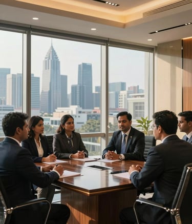 A high-end real estate office in Gurgaon with floor-to-ceiling windows overlooking a modern skyline. A group of South Asian / Indian professionals in sharp business attire are gathered around a sleek mahogany table. The room is filled with warm, golden light and steel blue accents, creating an atmosphere of trust and premium expertise.