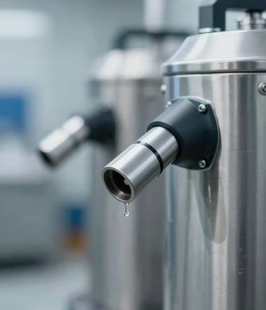 Close-up of modern industrial cleaning equipment, featuring high-pressure nozzles and stainless steel surfaces. The lighting is crisp and cool, emphasizing a functional and clean aesthetic with a color palette of #5D7A8F and silver tones.
