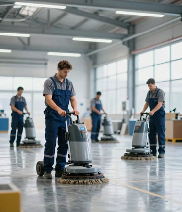 Wide shot of a professional industrial cleaning team in blue and grey uniforms operating heavy-duty floor scrubbing machinery in a massive, clean warehouse. Bright, natural lighting reflecting off a polished concrete floor. Professional and organized atmosphere using colors like #2C3E50 and #5D7A8F.