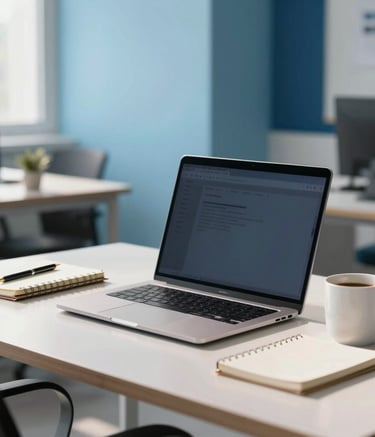 A professional South Asian workspace featuring a sleek desk with a modern laptop, a notebook, and a coffee mug. The setting is a bright, sun-drenched office in India with sky blue and navy accents in the decor.