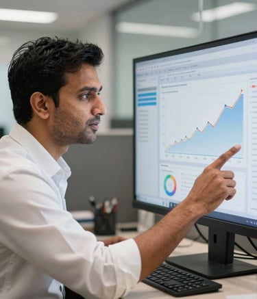 A detailed photograph of a professional South Asian male expert in a modern Saharanpur office, confidently pointing at a large monitor displaying data analytics and growth trends. Sharp focus, professional lighting, corporate atmosphere.