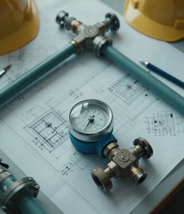 A top-down view of an engineer's workspace featuring detailed blueprints of a water distribution network and a modern water meter component. Soft, natural lighting. International / Professional setting. Colors include medium teal and light grayish blue.