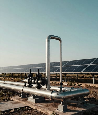A wide-angle landscape photograph of a solar water pumping installation with polished steel pipes and sleek solar panels under a clear sky. International / Professional setting. Palette of dark teal and light grayish blue.