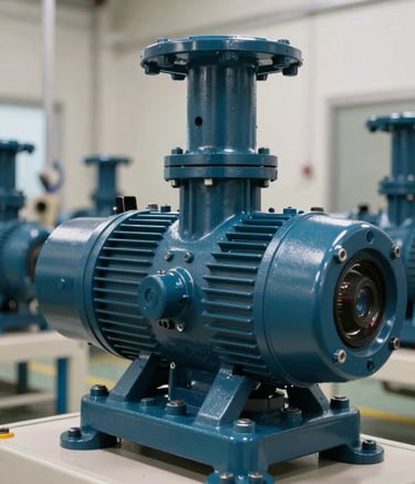 Detailed shot of a high-performance industrial water pump installed in a clean, modern facility. The lighting is sharp and professional, highlighting the metallic surfaces. International / Professional context. Palette uses dark teal and off-white.