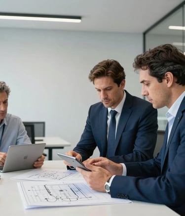 A collaborative meeting of engineers in a modern office in Sao Paulo, looking at technical blueprints on a tablet, clean minimalist architecture, professional lighting, colors including light grey and deep blue, South American / Brazilian setting.