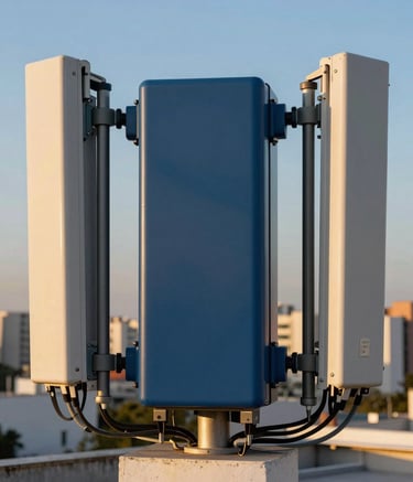 Close-up photography of high-tech telecommunications equipment and antennas on a rooftop in a Brazilian metropolitan area during the golden hour, sharp focus, colors including dark blue and silver steel.