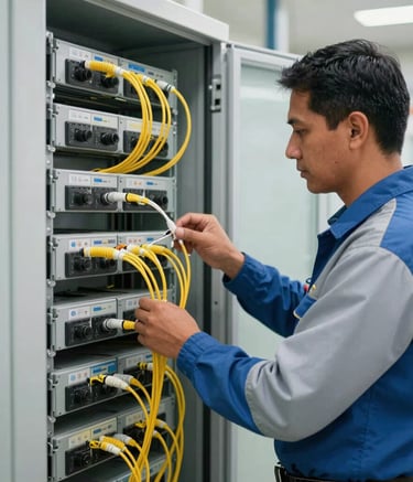 Professional setting in a South American telecommunications hub, a technician in modern attire inspecting fiber optic arrays, soft daylight, professional blues and whites in a clean composition.