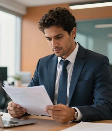 A professional South American person in business attire working in a bright, modern office in São Paulo, focused on reviewing documents with a confident expression, soft amber orange and deep teal accents in the background.