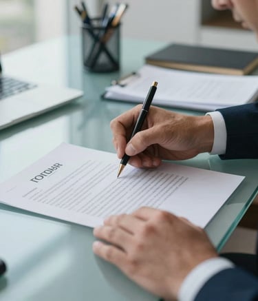 Close-up photography of professional hands signing an administrative contract on a glass table in a Brazilian office, elegant stationery, soft natural light, pale blue and deep teal tones.