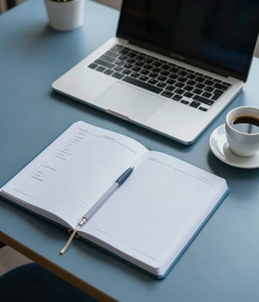 A high-angle photograph of a organized Brazilian workplace, showing a slate blue desk with a high-end laptop, a neatly placed pale blue planner, and a modern ceramic cup of coffee, clean and professional lighting.