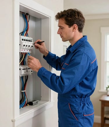A professional electrician in high-quality work attire inspecting a residential wiring system in a North American / US home. The composition is a medium shot with modern, clean lighting emphasizing electric blue and off-white tones to convey trust and technical precision.