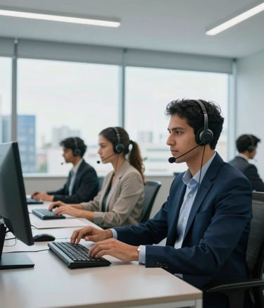 Wide shot of a modern, bright tele-attendance office in a Brazilian metropolis, South American / Brazilian professional staff working diligently with ergonomic headsets, soft sunlight through large windows, clean navy blue and pale blue aesthetic.