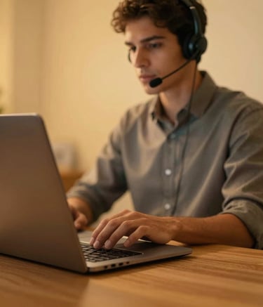 Close-up of a professional desk with a modern laptop and a soft-focus background of a South American / Brazilian call center agent, modern workspace, golden orange warm lighting, focus on a high-tech headset and efficient workflow.
