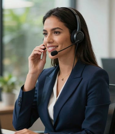 Medium shot of a professional South American / Brazilian woman in a smart casual navy blue outfit, speaking into a high-tech headset with a confident smile, corporate office background with blurred greenery, natural cinematic lighting, professional atmosphere.