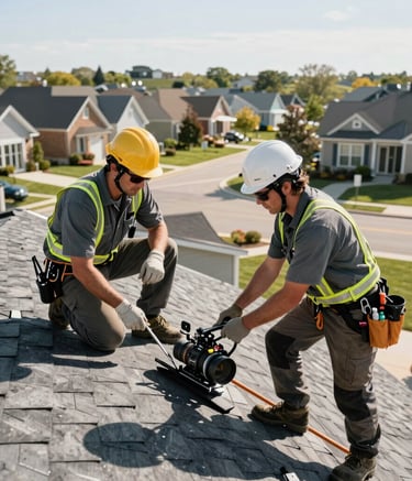 A professional roofing crew in North American / US attire working on a residential home roof. The scene is bright with morning sunlight, showing clean Slate Gray uniforms and high-quality safety gear. Modern suburban neighborhood in the background.