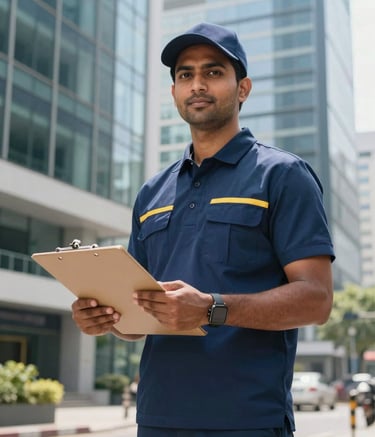 A professional South Asian / Indian courier in a navy blue uniform holding a clipboard and a delivery box, standing confidently in a bright, modern corporate district with steel blue glass buildings in the background.