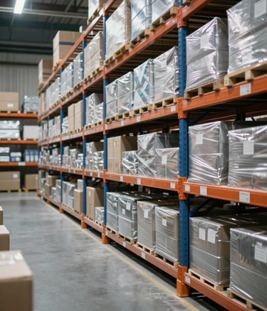 A clean, high-tech logistics warehouse interior in India with organized shelving and packages, soft light filtering through, emphasizing space cadet navy and platinum silver color tones of professional efficiency.