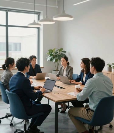 A group of diverse professionals in a modern North American / US co-working space collaborating around a sleek conference table. The room has large windows with soft natural light, minimalist decor, and accents of Deep Blue and Pale Mist.