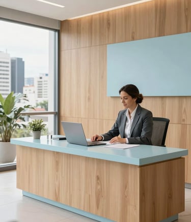 A welcoming and professional family office setting in a South American / Brazilian city, featuring light wood textures and soft pale blue accents. The atmosphere is modern, authoritative, and clean, reflecting personalized care.