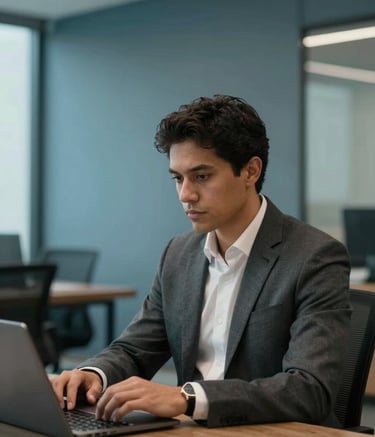 A focused professional in business attire working in a modern South American / Brazilian office. The environment features muted teal blue walls, elegant clean lines, and soft, authoritative lighting that suggests trust and expertise.