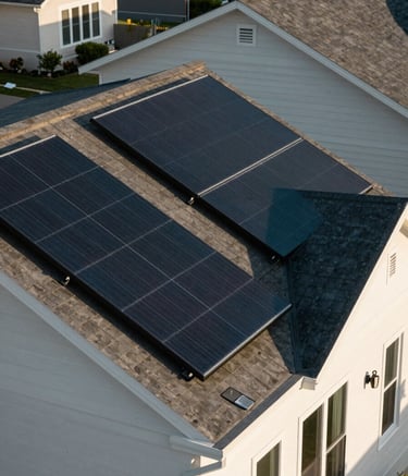 A modern North American / US suburban home featuring dark, sleek solar panels integrated into the roof architecture. High-contrast lighting, soft morning shadows, off-white and teal tones in a clean composition.