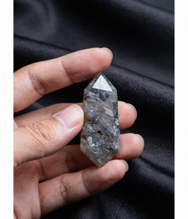 A focused shot of a hand holding a cool gray crystal pendant. The background is draped in charcoal black silk, illuminated by soft mist gray highlights that emphasize the textures of the stone and fabric.