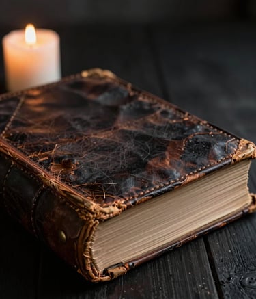 A close-up photograph of an ancient leather-bound tome resting on a soft black wooden surface. A single candle provides dramatic mist gray light, casting deep charcoal black shadows across the weathered pages.