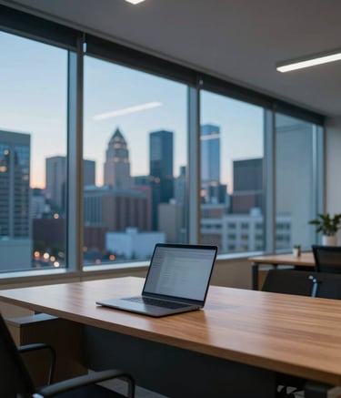 A wide shot of a bright, contemporary office space in a North American city. A clean wooden desk holds a sleek laptop. Large windows show a soft city skyline at dusk with deep blue and soft teal lighting.