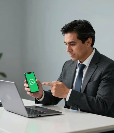 A Mexican professional sitting at a clean, white desk with a laptop, pointing to a smartphone showing a green WhatsApp icon. The background is a minimalist office with soft gray and light blue tones.