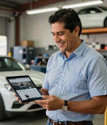 A proud Mexican business owner standing in front of his well-organized automotive workshop. He is smiling while looking at a tablet that displays a professional website. The lighting is bright and natural.