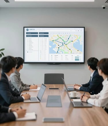 A wide shot of a modern, sophisticated office meeting room. A screen in the background shows logistics data and maps. The atmosphere is professional and trustworthy, with a color palette reflecting #546E7A and #ECEFF1.