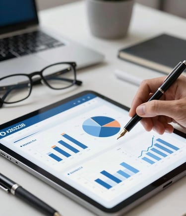 A close-up shot of a professional financial analysis on a digital tablet, with a pair of eyeglasses and a fountain pen on a clean desk. The lighting is soft and corporate, incorporating the brand colors #263238 and #B0BEC5 in the surrounding decor.